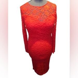 Womens Bisou Bisou, red lace, long sleeve, midi dress size10